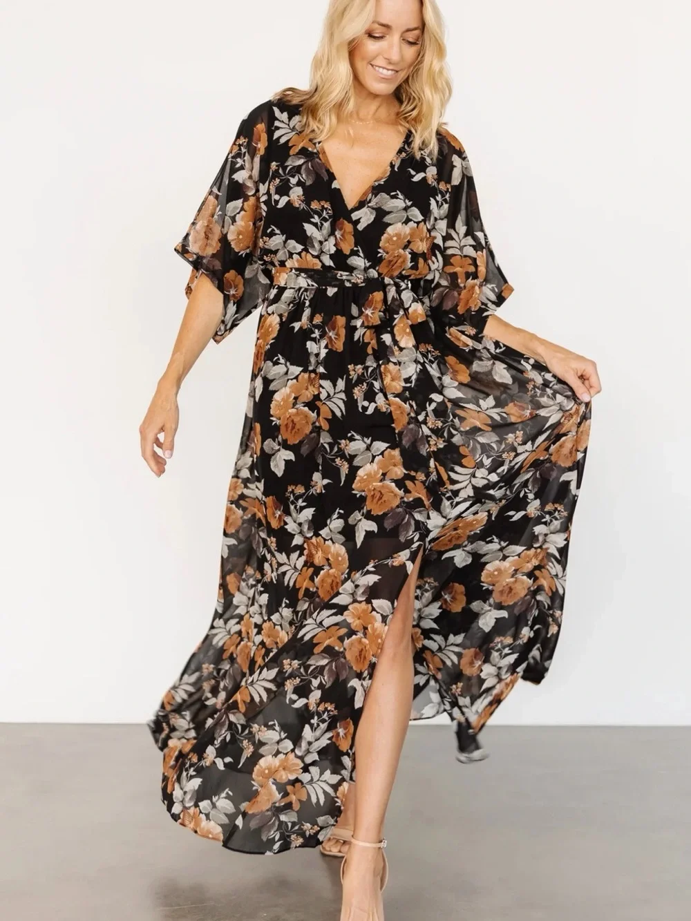 Black Floral Wrap Maxi Dress - Elegant Everyday - Picture 2 of 6